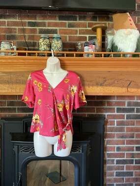 Express Pink Floral Short Sleeve Surplice Wrap Tie Blouse